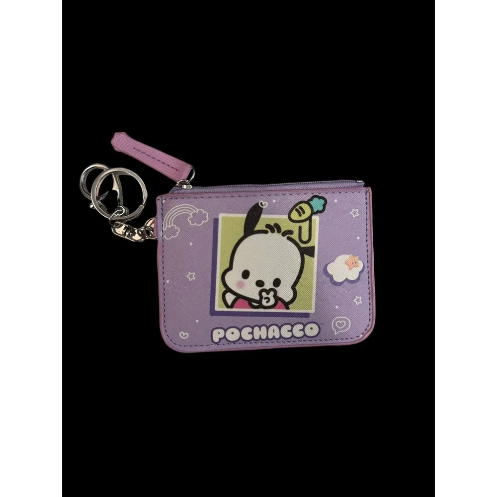 Sanrio Pochacco ID Holder Coin Purse Keychain Purple Faux Leather Wallet Card